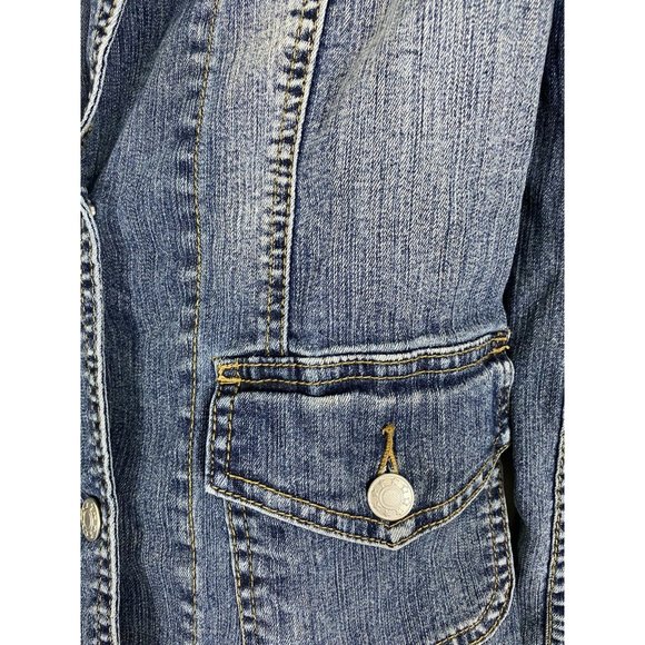 Womens Denim Jacket Size XS V Neck Button Up Pockets Blue Denim Cardigan - Picture 4 of 6